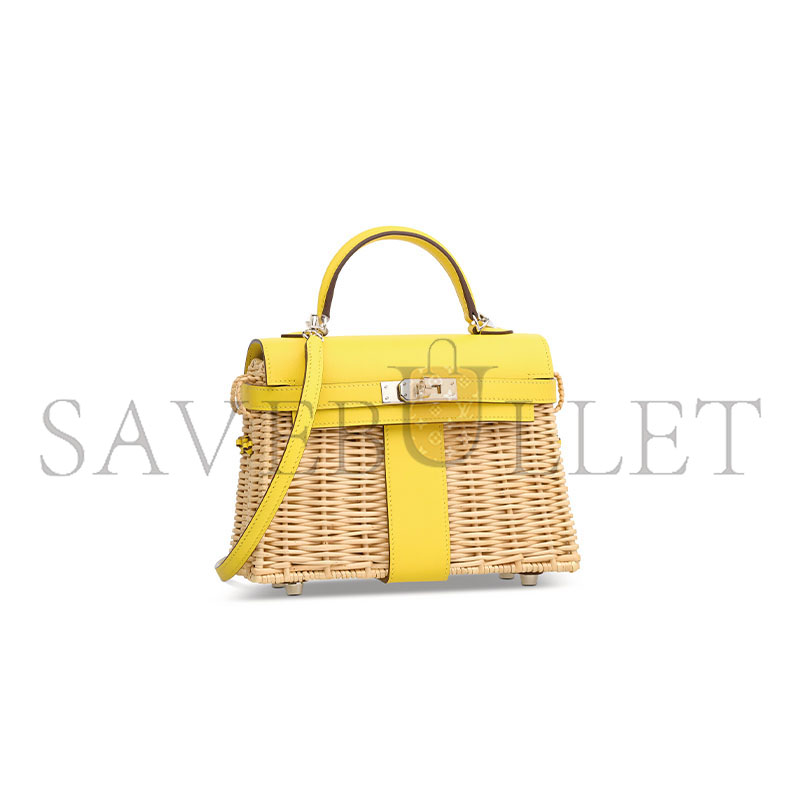 H**mes master jaune de naples swift leather & osier mini picnic kelly with palladium hardware (20*14*8cm)
